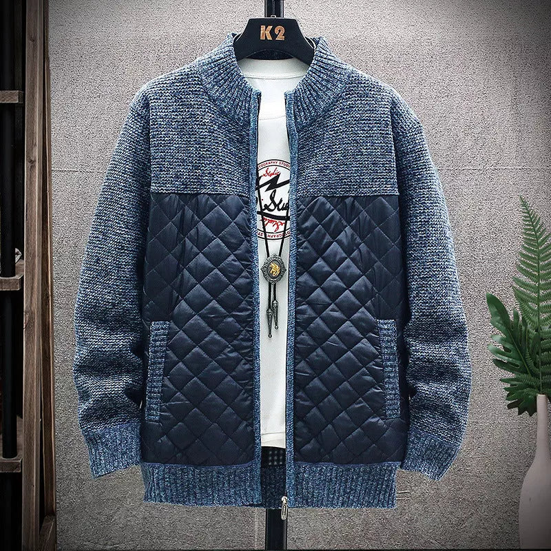 Coarse wool stitched sweater jacket with stand collar