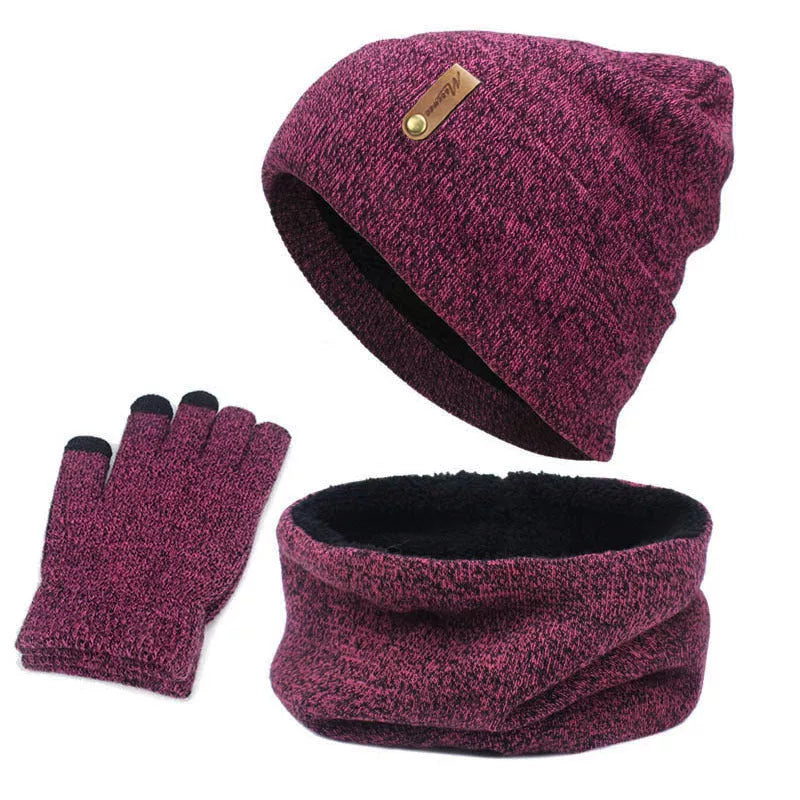 Wool touch screen gloves with three-piece scarf and hat set