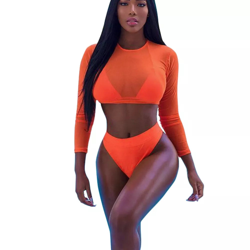 Three-piece Solid Orange High Waist Bikini Set
