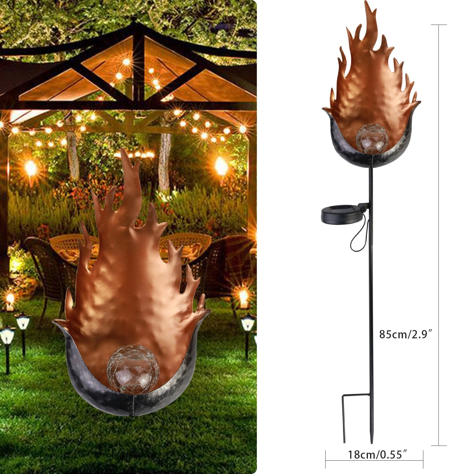 LED Solar Flame Metal Decorative Light with 6-12 Hours Illumination
