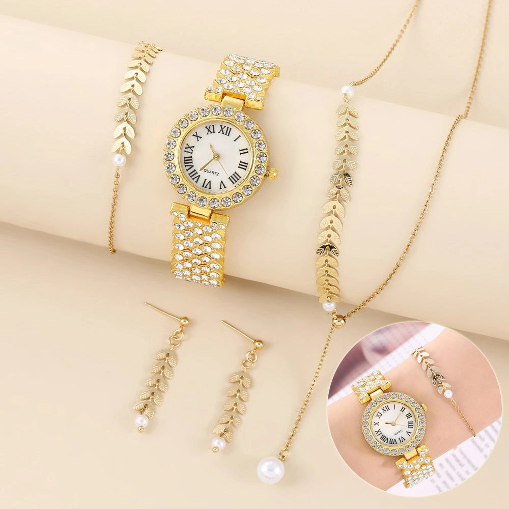 Luxury Rhinestone Quartz Bracelet Watch for Women with Matching Jewelry Set
