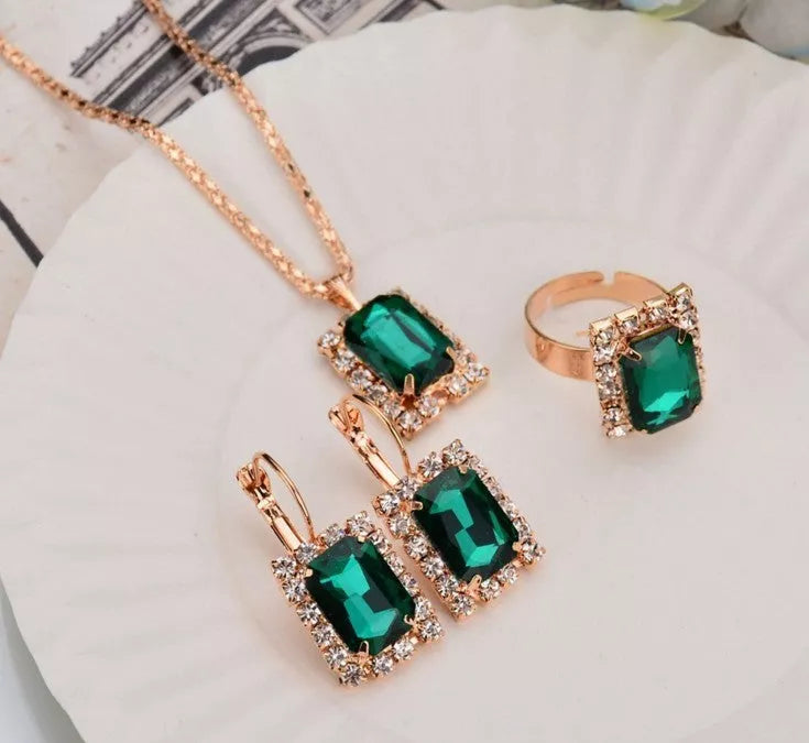 Crystal Set Necklace, Earring, Ring Three-piece Set in Alloy
