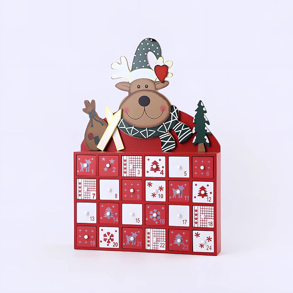 Handcrafted wooden Christmas window decorations showing nine designs including bears, houses, trees and vehicles