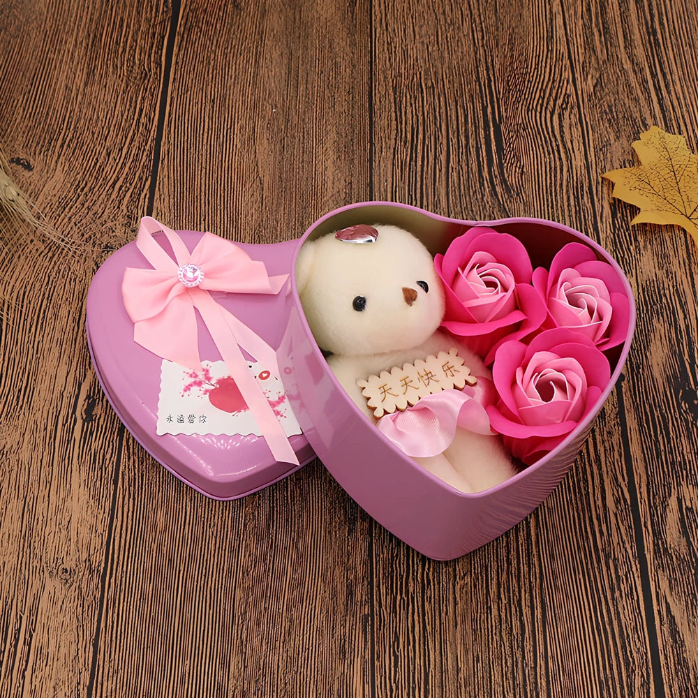 Handmade soap flower gift box in red heart-shaped tin with three blooms and bear, 12x12x5 cm for Valentine's Day