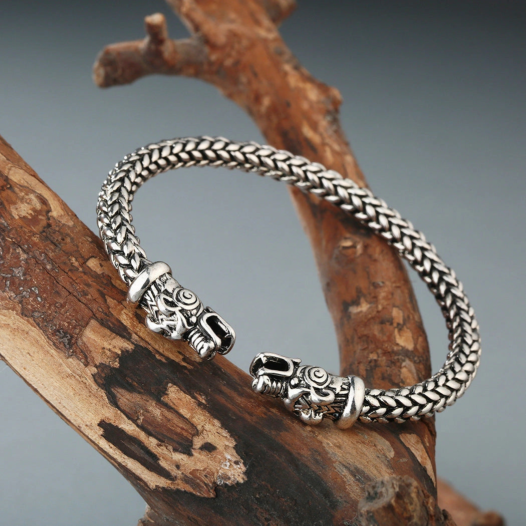 Asgard Crafted Small Stainless Steel Grey Wolf Head Torc Bracelet