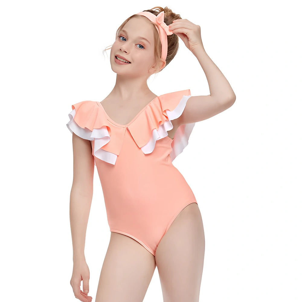 Girls' one-piece swimwear with lattice floral patterns showing 40% stretch elasticity