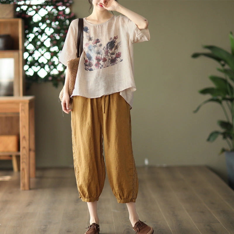 Vintage Ink Print Casual Short Sleeve T-shirt