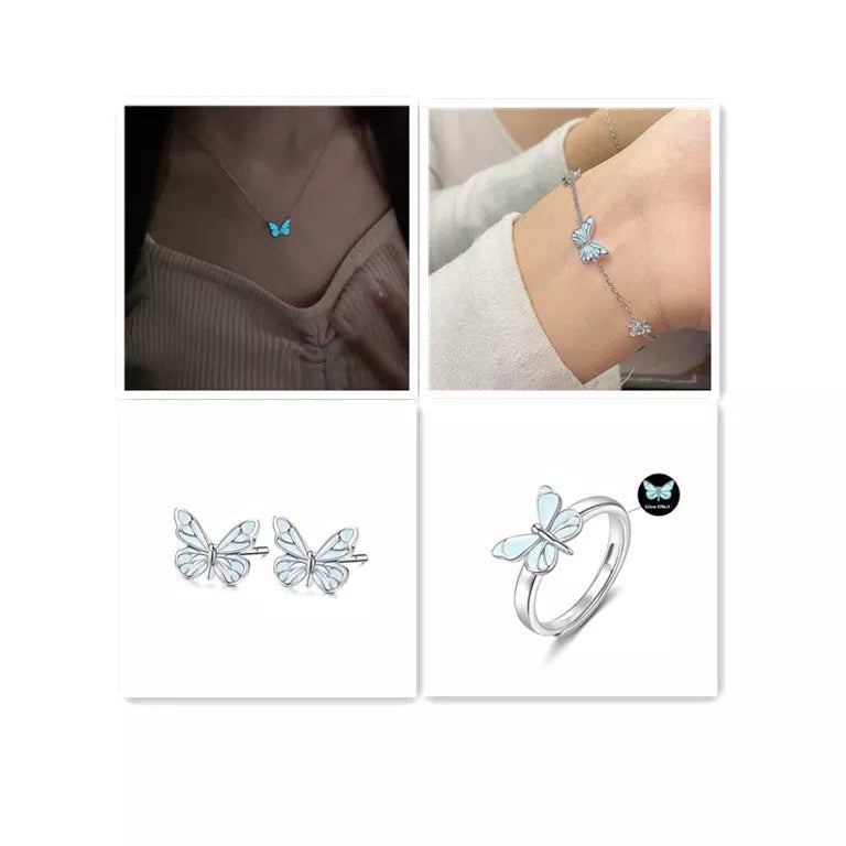 Glow-in-the-Dark Blue Butterfly Necklace and Bracelet Set for Women