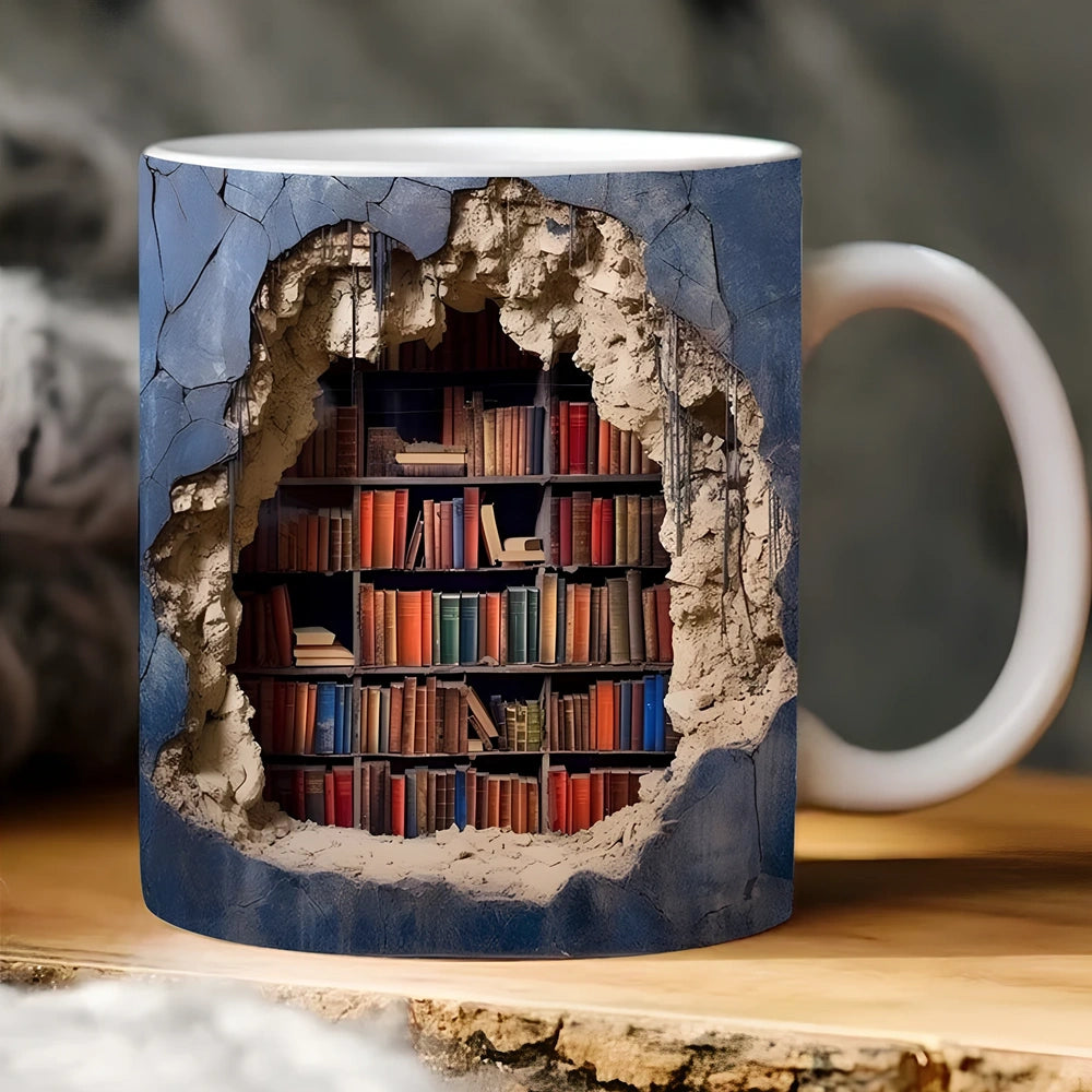 3D bookshelf ceramic mug in colour A, 9.8x8cm, 350ml capacity with handle for book lovers