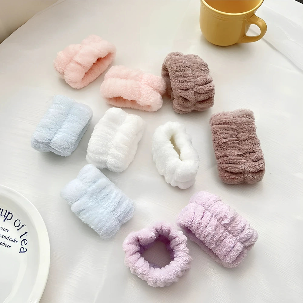 Coral velvet wrist washband with elastic band for facial cleansing, grey colour option shown