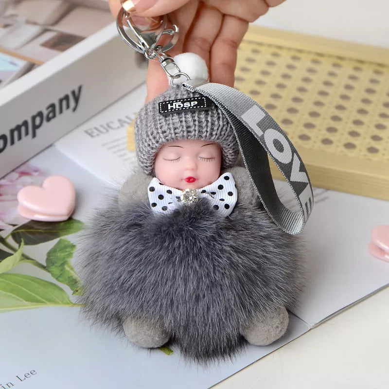 Hand-Woven Fox Fur Sleeping Doll Keychain Pendant
