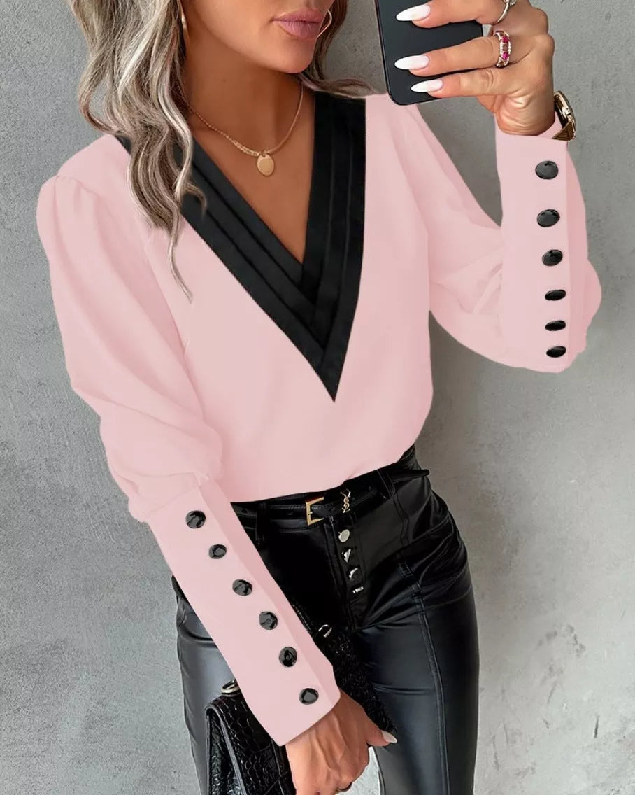 V-neck Long Sleeve Blouse with Button Design for Women
