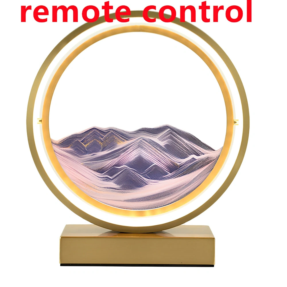 Black and white quicksand table lamp, 295mm tall with LED lights and remote control, coloured sand in glass chamber