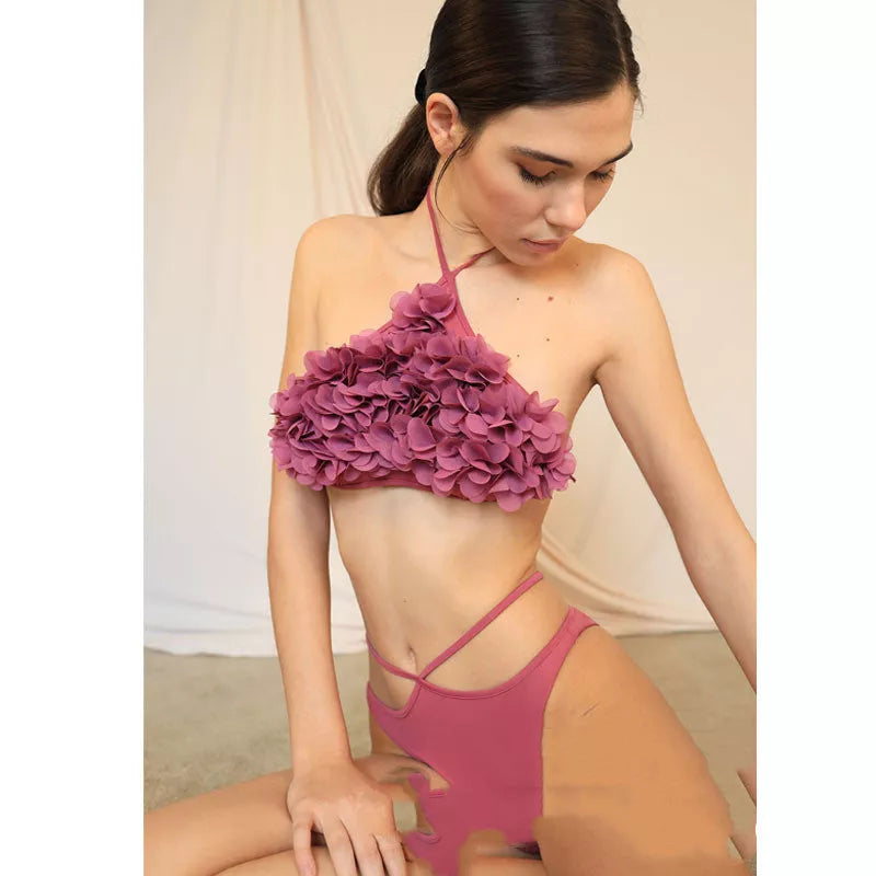 Floral Bikini Lace-Up Swimsuit in Bean Paste and Shrimp Red