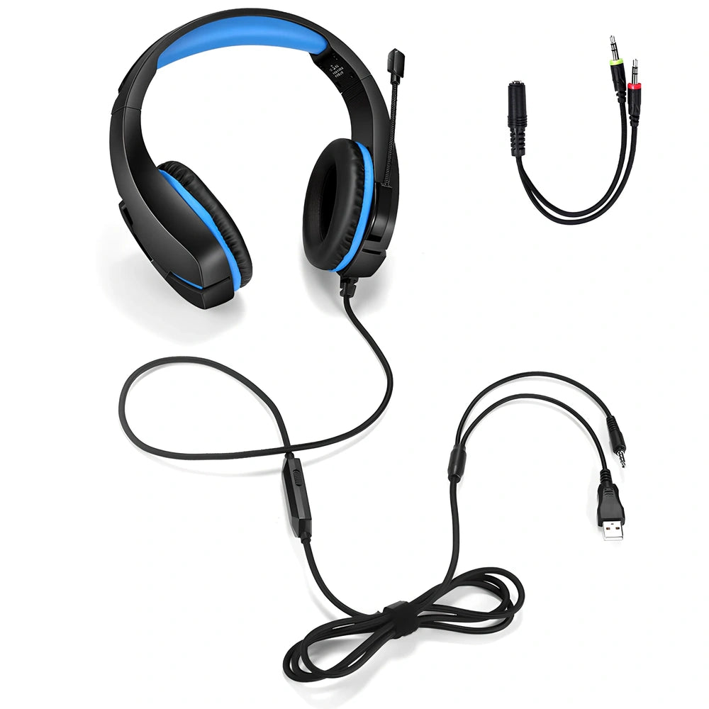 Blue J10 3.5mm wired gaming headset with LED lights, noise-canceling mic, and adjustable headband for PC use, 170x90x210mm size