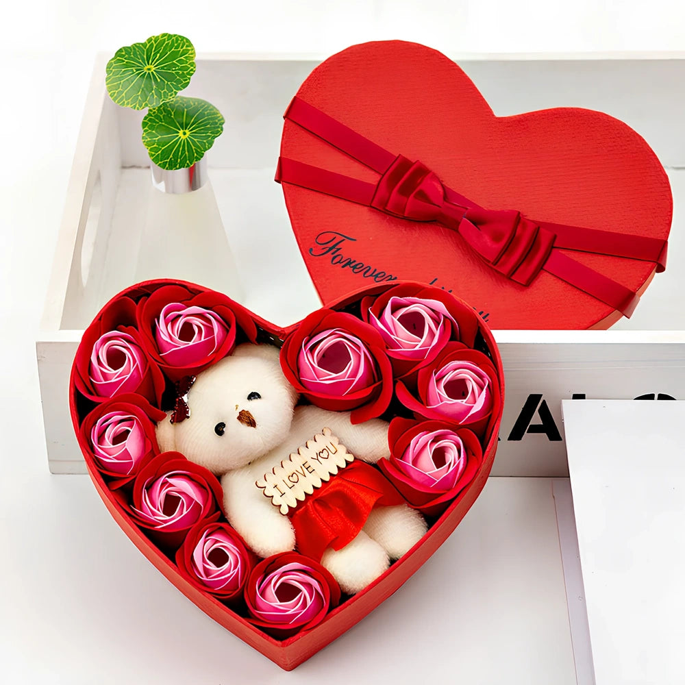 Handmade pink soap flower rose bouquet with bear in 25cm gift box, 10cm roses for lasting gifts