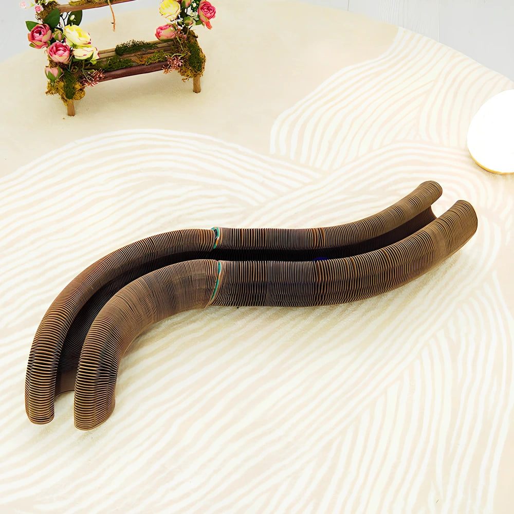 Foldable green cat patterned corrugated paper scratching board with dangling ball, wear-resistant design