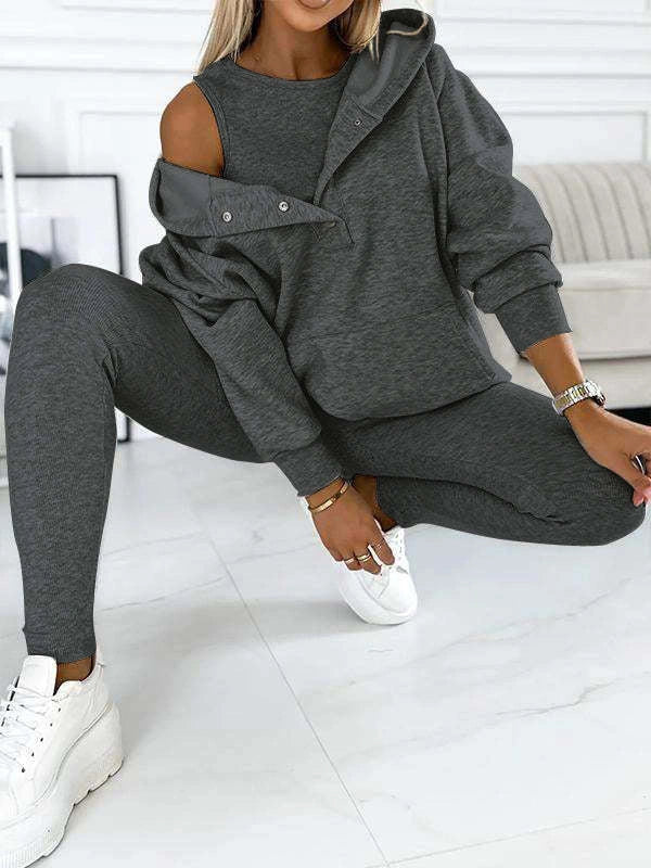 3-Piece Women's Sports Suit with Hooded Sweatshirt and Slim Trousers