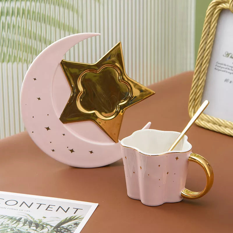 Ceramic Cup Set with Star and Moon Saucer, 120ML Capacity