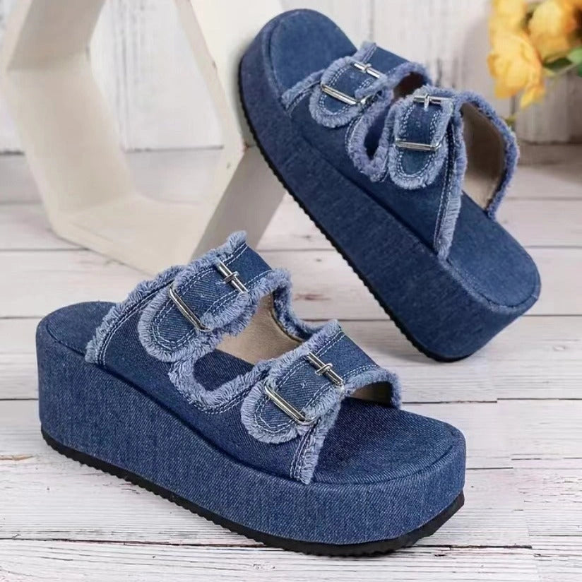 Denim Buckle Wedge Sandals with Thick Foam Sole for Women