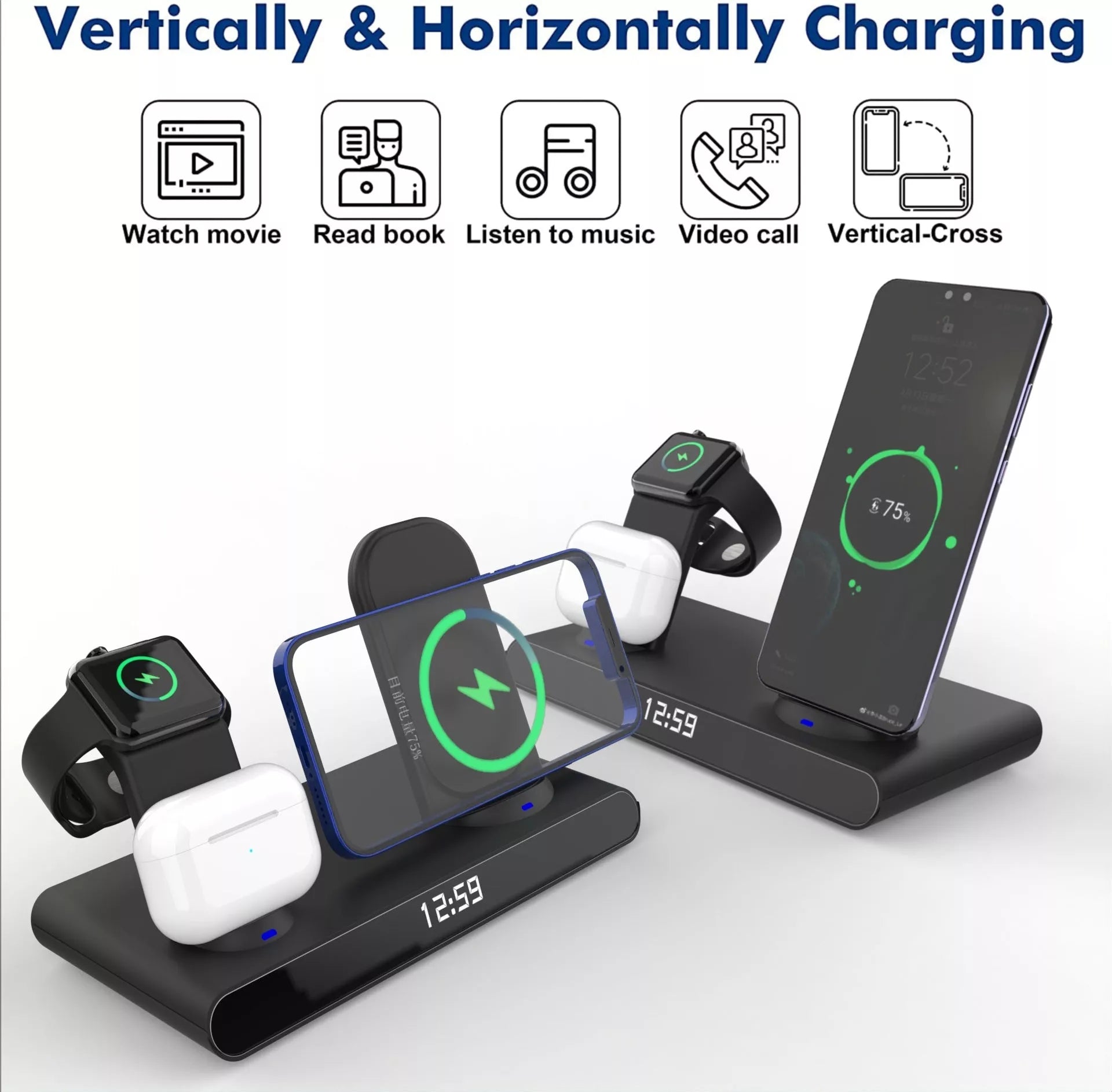 Clock 15W 3-in-1 Wireless Charger with Qi Compatibility