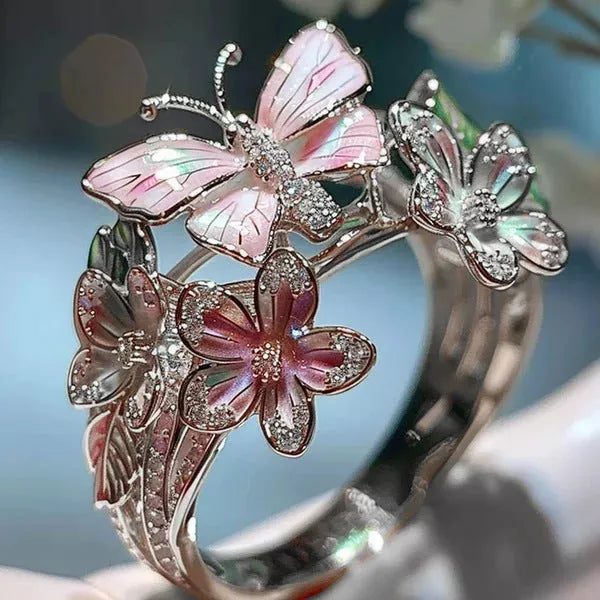 Adjustable Crystal Butterfly Flower Ring for Women - Gold Plated Fashion Jewelry