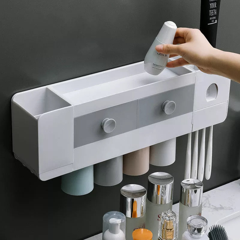 Wall-mounted Magnetic Toothbrush Rack with Automatic Toothpaste Dispenser
