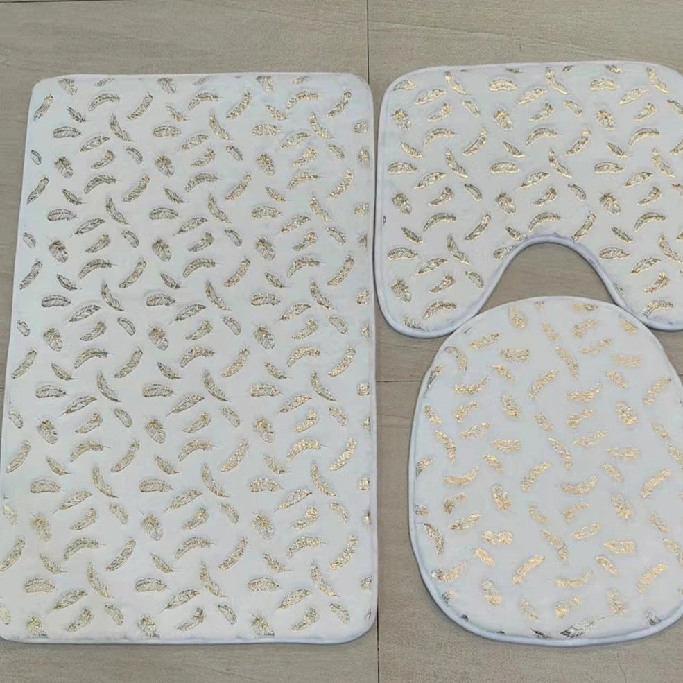 Three piece marbled foiled bathroom rug set with gold stamping feather pattern in four colour options