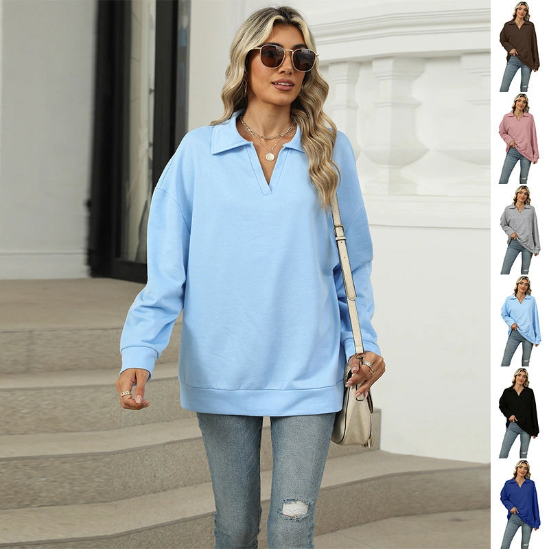 Stylish Women's V-Neck Lapel Sweatshirt - Comfortable Pullover