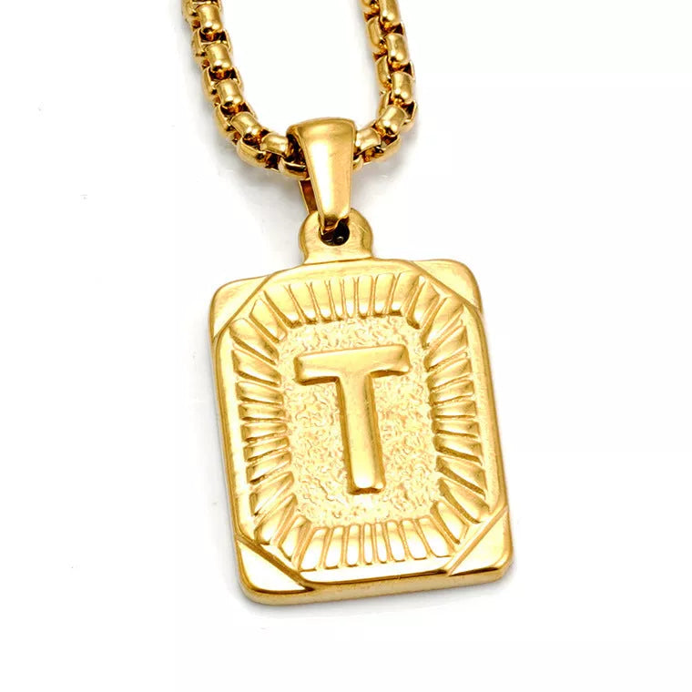 Men's Gold-Plated Titanium Steel Letter Necklace with Pearl Chain