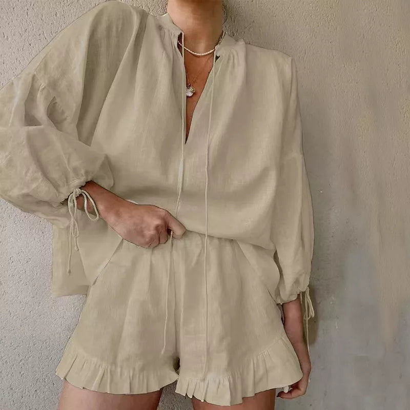 Women's Lace-up V-neck Lantern Sleeve Top and Ruffled Shorts Set