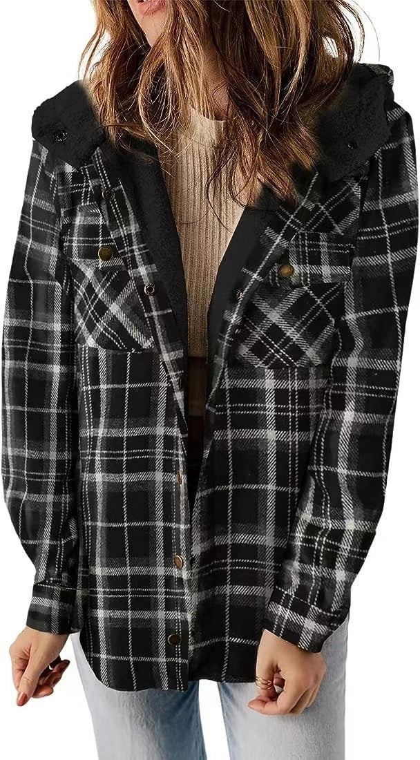 Casual Plaid Hooded Woolen Coat with Thickened Fleece Lining