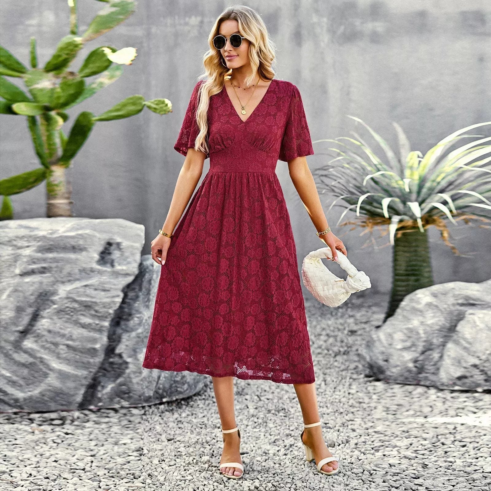V-neck Lace Dress with Ruffled Short Sleeves for Women