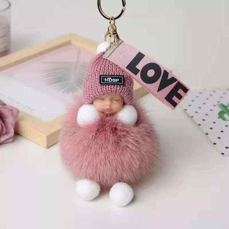 Hand-Woven Fox Fur Sleeping Doll Keychain Pendant