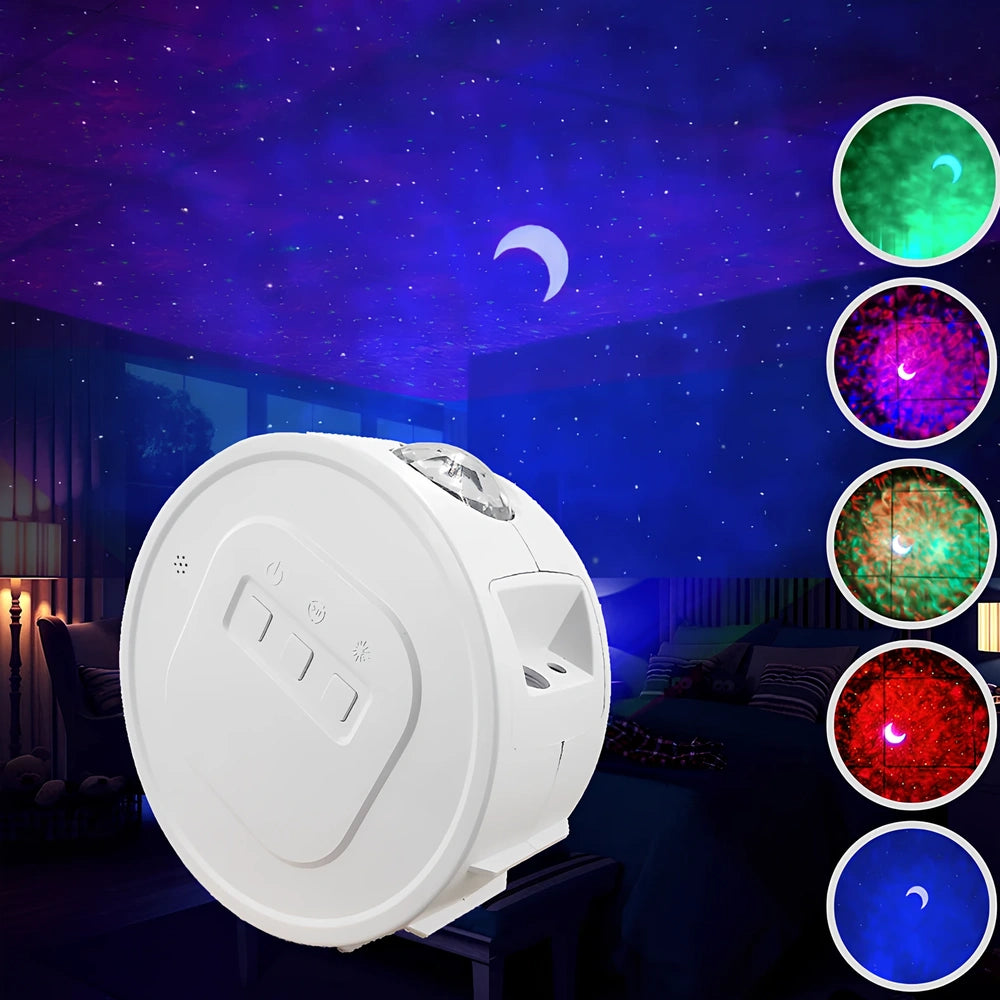 USB star projection light with voice control showing rotating mechanism and star pattern projection