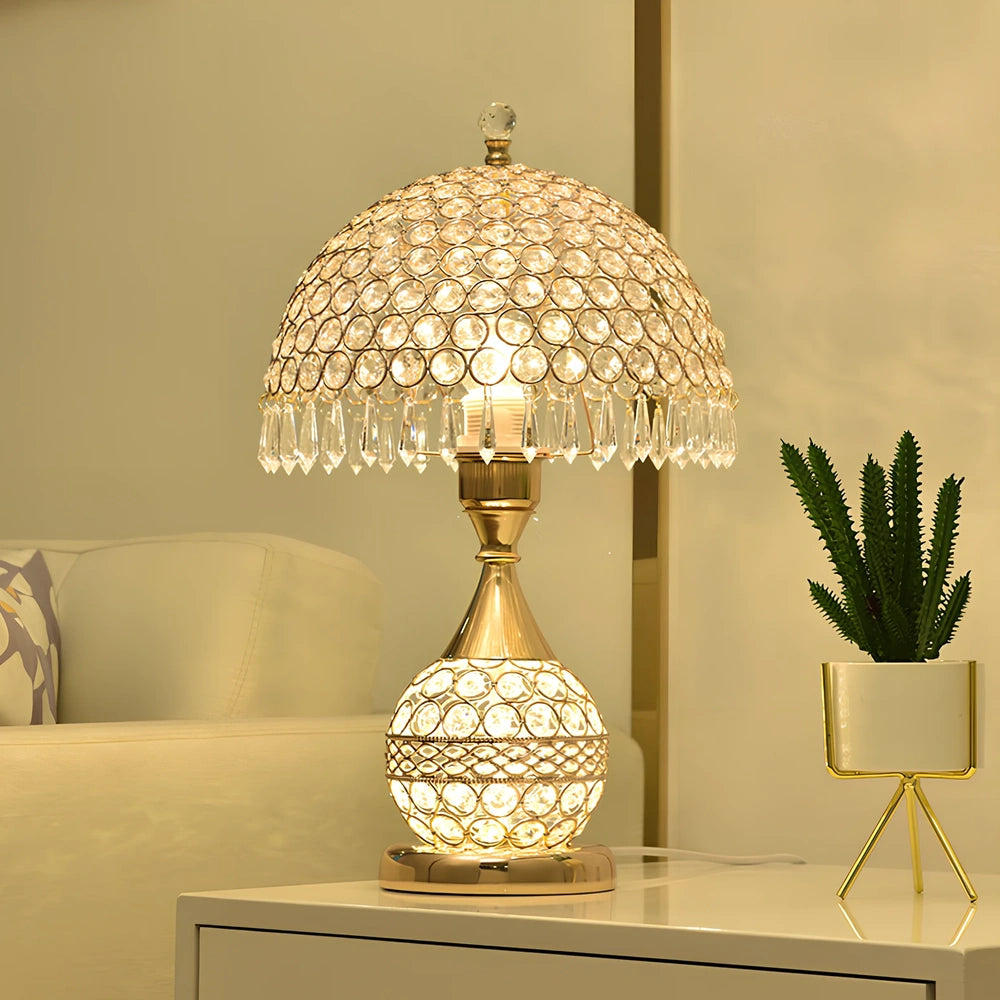 Gold crystal desk lamp 30cm tall with remote switch on bedside table, diffusing even light via manual-cut pendants