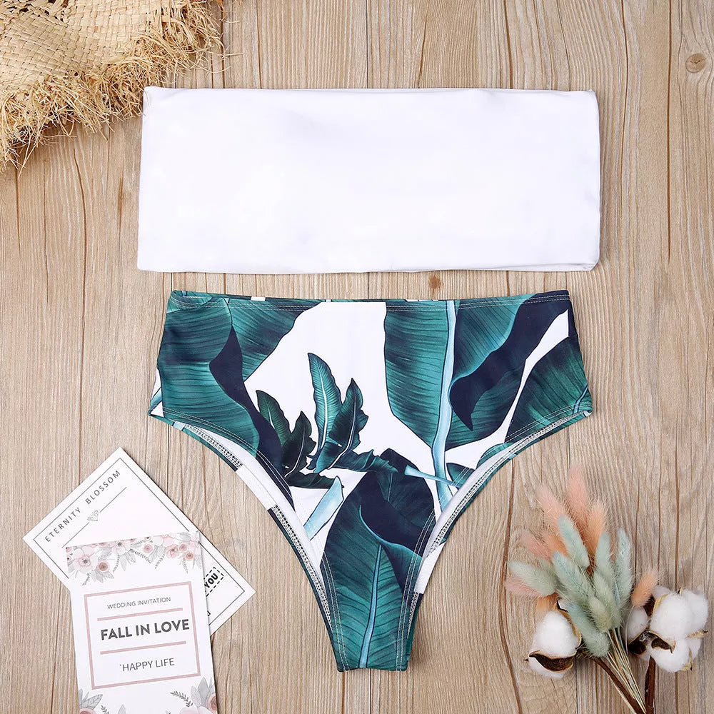 Strapless Bikini Set with High Waist and Vintage Print