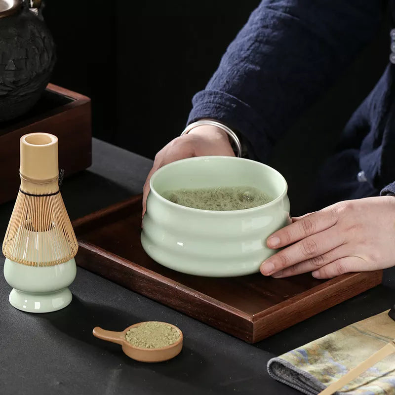 Japanese Matcha Tea Set with Ceramic Bowl and Brush