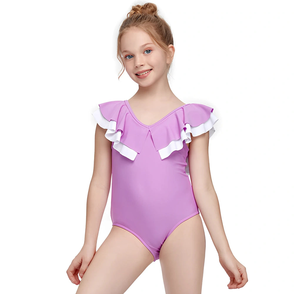 Girls' one-piece swimwear with lattice floral patterns showing 40% stretch elasticity