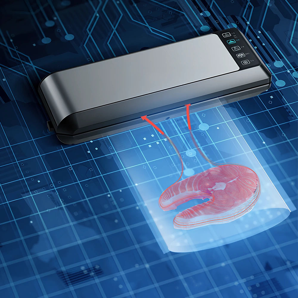 Black HP-9007 vacuum food sealer with 17x25cm bags, dimensions 14x35x5.5cm for home use