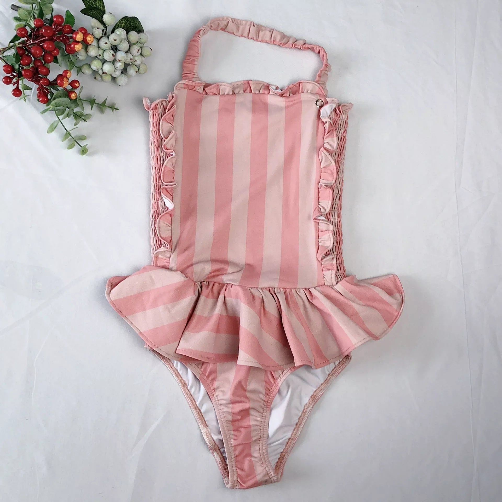 Girls Siamese Striped Princess Wind Lace Swimsuit for Ages 1-10