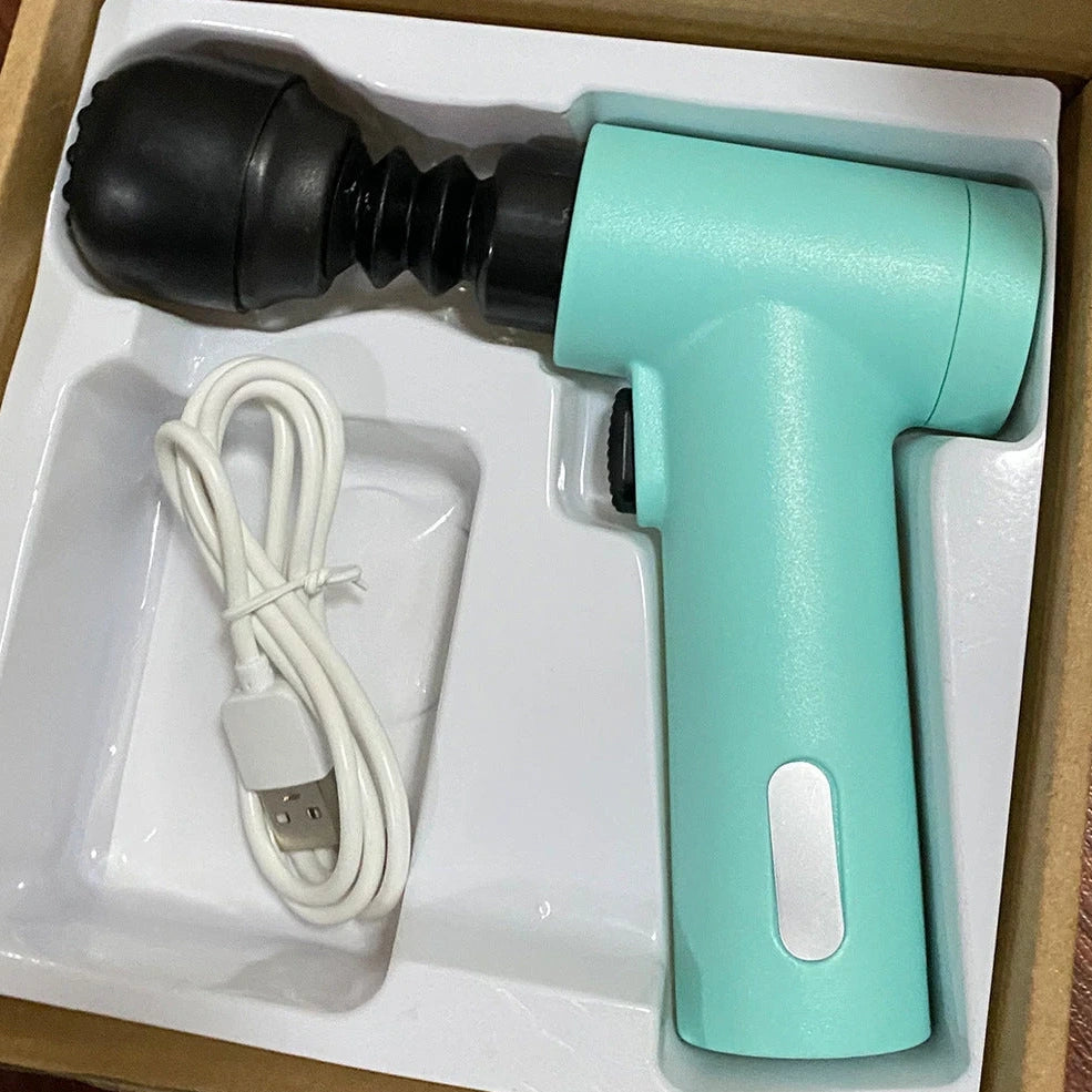 Portable mini fascia gun in black, 14x14cm size, 400g weight for shoulder and neck massage with USB charging