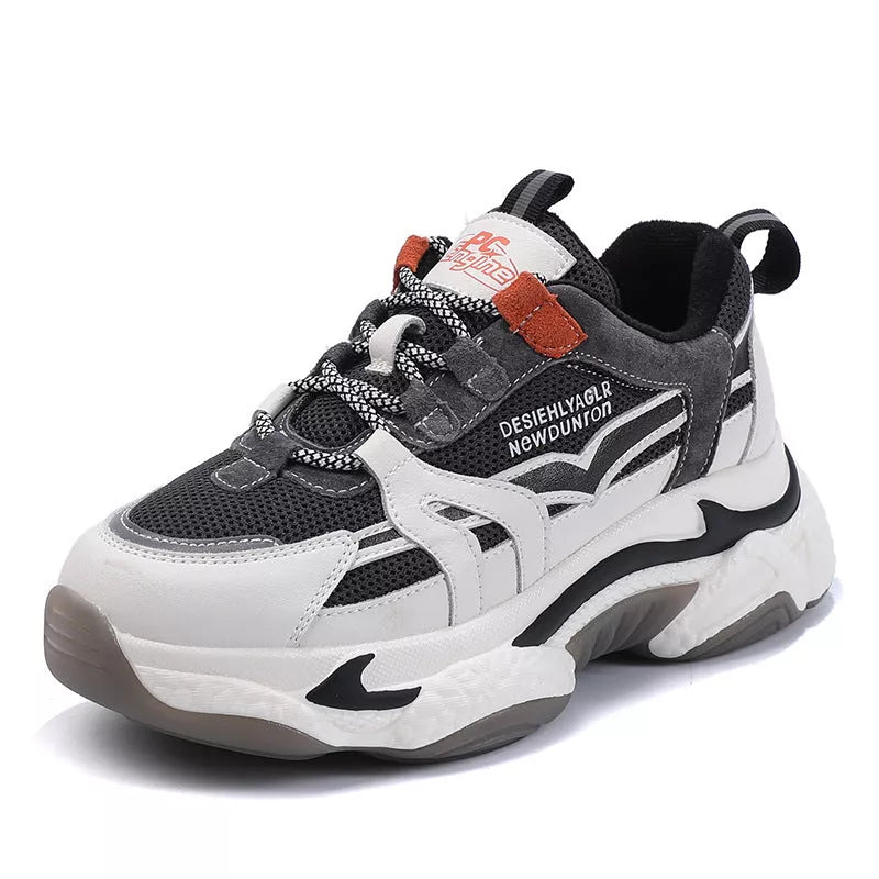 Thick-soled Casual Sports Shoes with Leather and Mesh Upper