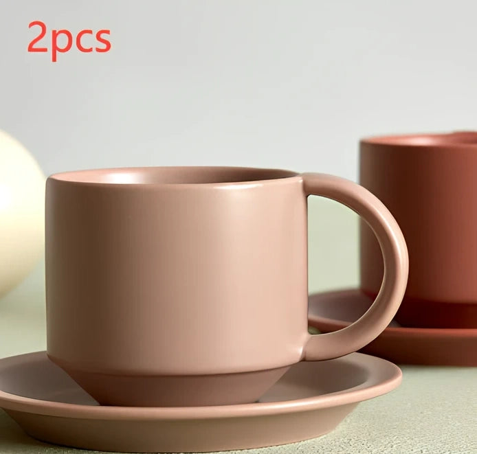 Nordic style velvet ceramic coffee mug with antique pink tray, 300ml capacity for office spill protection