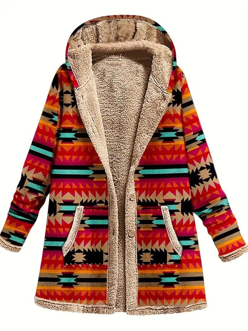 Cozy Cotton-Linen Printed Hoodie Warm Plush Coat