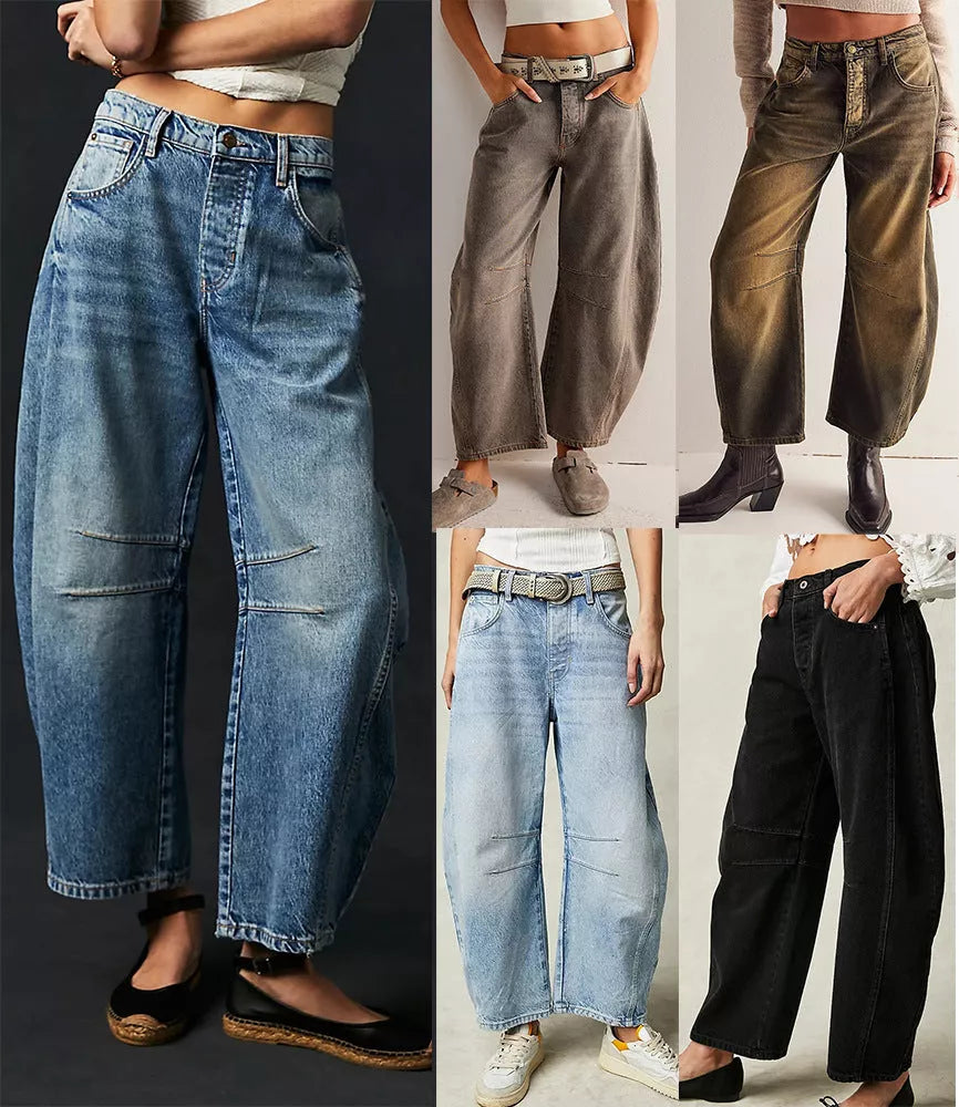 Women's Mid-Rise Barrel Jeans with Wide Leg Design