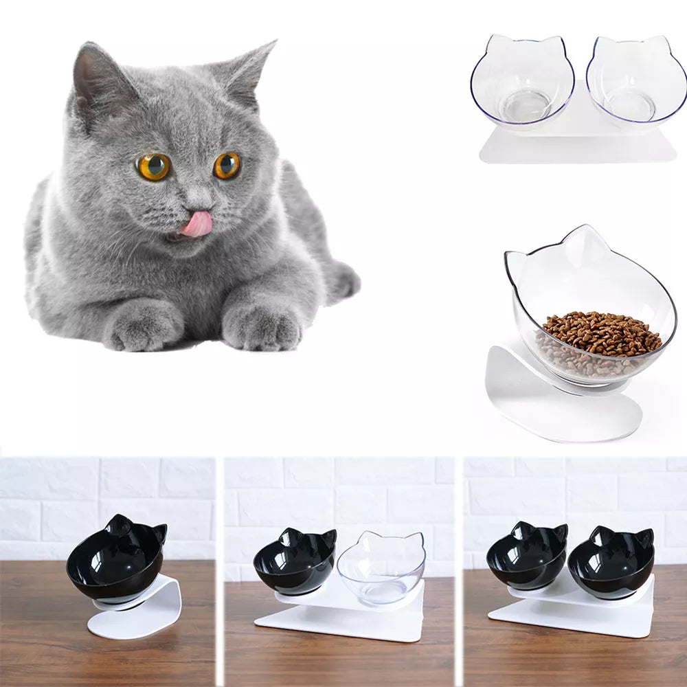 Double Bowl Cat Food Bowl with 15° Tilt for Cervical Protection