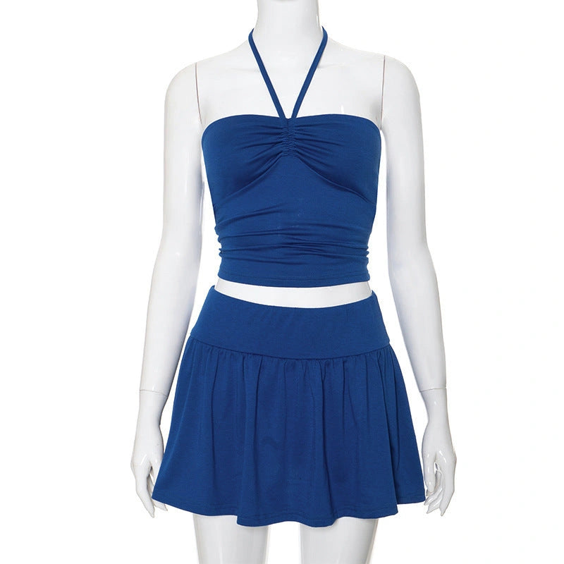 Women's Summer Sleeveless Tube Top and Pleated Skirt Set in Polyester