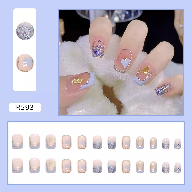Nude Short Square Wear Fake Nails with R593 Elegant Cream Glue