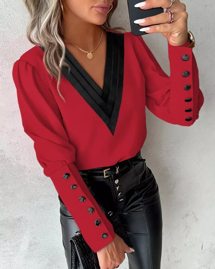 V-neck Long Sleeve Blouse with Button Design for Women